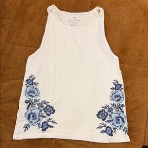 American Eagle Outfitters White Tank Top with Blue Floral Design